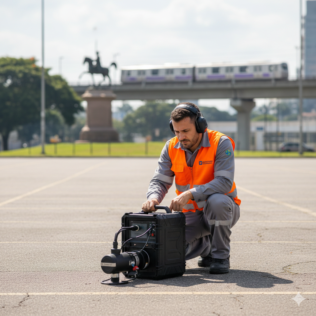 Um técnico operando um geofone industrial em um grande pátio de estacionamento ou galpão em Santo Amaro. Ele usa colete refletivo e fones de ouvido. Ao fundo, a Estátua do Borba Gato ou os trilhos da Linha 5-Lilás aparecem de forma sutil, situando o local